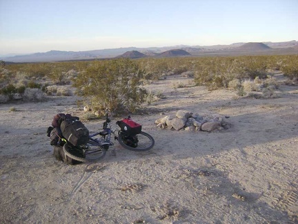Fire ring at a roadside campsite on Jackass Canyon Road about 1.75 miles in from Kelbaker Road