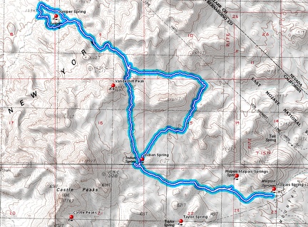 Juniper Spring day hike route from Malpais Spring, Mojave National Preserve