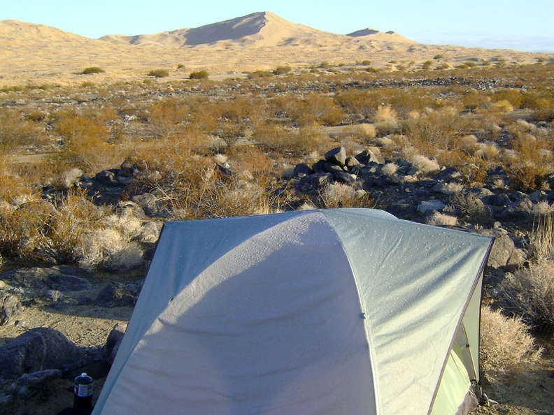 Sunny skies this morning, but raindrops from last night's thunderstorm glisten on the roof of my tent