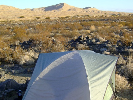 Sunny skies this morning, but raindrops from last night's thunderstorm glisten on the roof of my tent