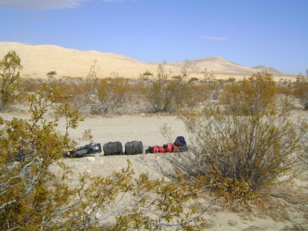 After packing up, I carry my saddlebags and bicycle down to the power-line road for final assembly