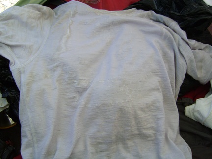 I reach inside my tent to get some water and notice yesterday's heavily salt-crusted t-shirt