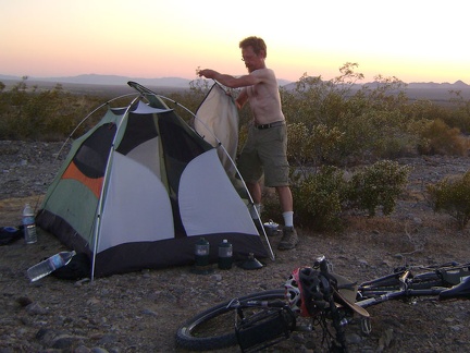 Sunset at Kelso also means removing the tent's outer flap to let the hottest air escape through the screen