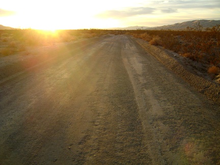 With the setting sun in my eyes, I ride more quickly than usual down Kelso Dunes Road because the surface has just been graded