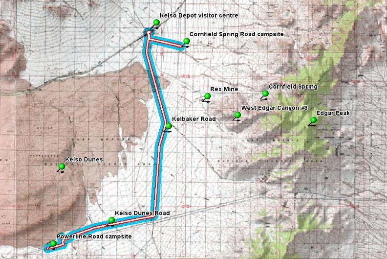 Elevation profile of bicycle route from Cornfield Spring Road to west of Kelso Dunes by bicycle