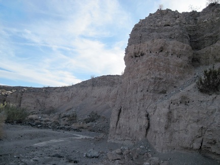 Erosion has exposed a series of small air pockets in one of the earth layers, and a few small bushes grow on up the crest