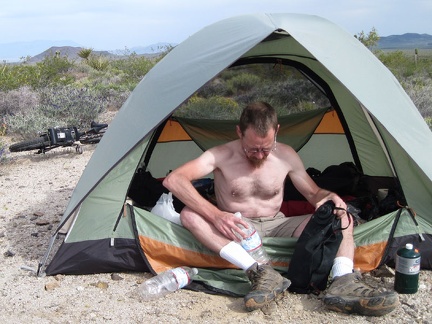 I refill my empty bottles from my water bag, have breakfast, and start out on today's hike across the fan to the Kelso Peak area