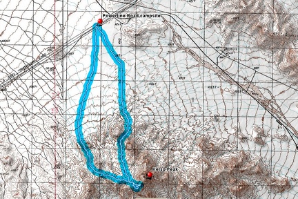 Kelso Peak hike route from my powerline road campsite, Kelso Mountains, Mojave National Preserve (Day 2)