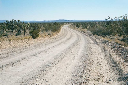 I ride down the almost imperceptible slope of Ivanpah Road toward Cedar Canyon Road