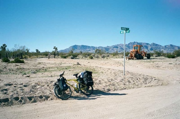  Street sign in the Mojave Desert at the junction of Ivanpah Road and New York Mountains Road