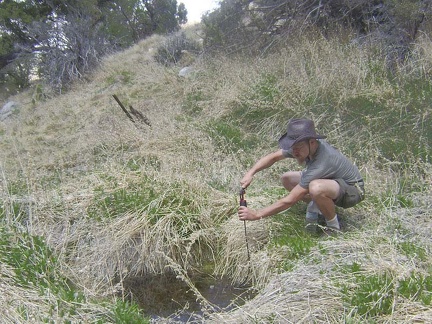  I cautiously approach the spring to test the yellow jackets, and then pump water to fill my Camelbak and water bottles