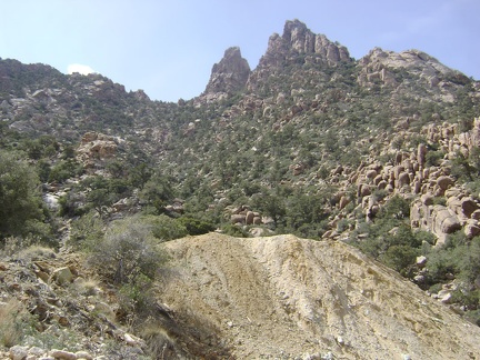 The eroding old mine site at the top of Keystone Canyon sits just a few hundred feet below the peak of New York Mountain