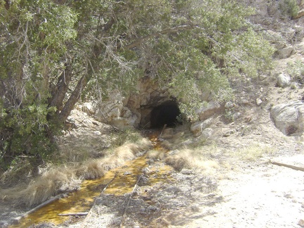 A trickle of rusty, contaminated water exudes from a tunnel in the hillside above the mine tailings
