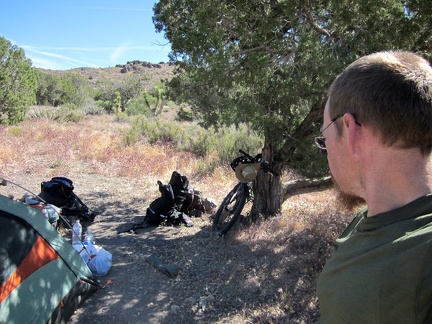 It's warm in the sun this morning, so I move everything into the shade of my juniper tree while I pack up camp