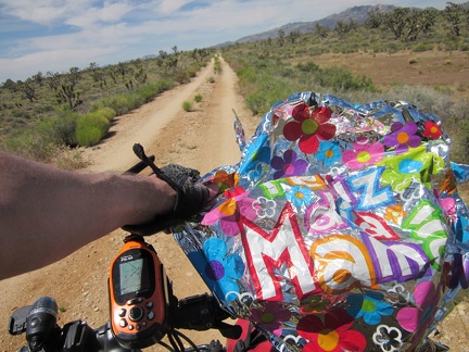 Castle Peaks Road ends after 30 minutes; I start riding the Barnwell-Searchlight railway grade and find this stray balloon