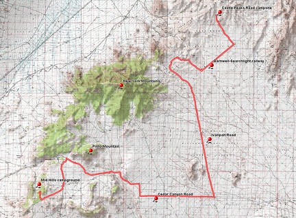 Bicycle route from Castle Peaks campsite to Mid Hills campground via Cedar Canyon Road