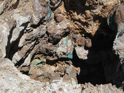 Turquoise veins in rock at Trio Mine, Mojave National Preserve: copper, presumably