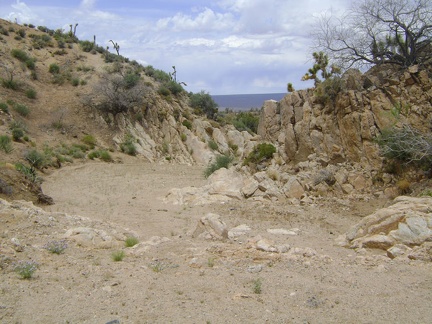 Before it joins Cedar Wash below, Eagle Rocks wash narrows and curves through an opening in the hill