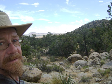 I reach the unnamed pass in the Mid Hills above Live Oak Spring and get a glimpse south across Round Valley to Table Mountain