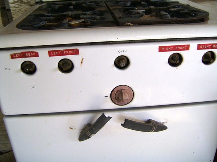 Labels on the stove inside the cabin in Macedonia Canyon, Mojave National Preserve