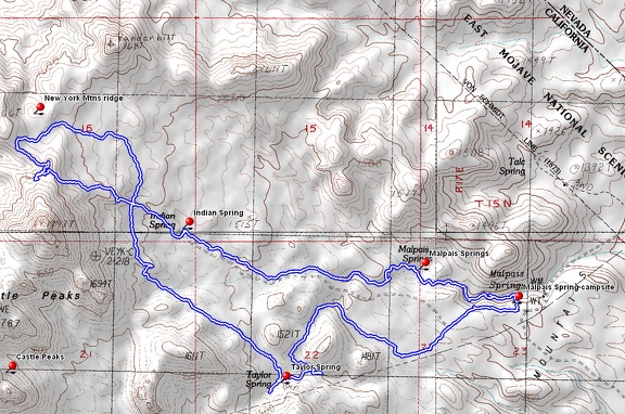 Route of today's hike to Malpais Spring, Indian Spring and Taylor Spring, Mojave National Preserve