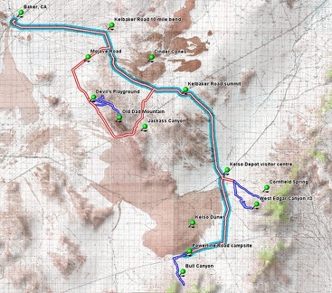 Map of Mojave National Preserve bicycle and hiking routes