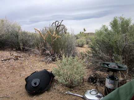 Time to boil water for this evening's instant meal: Mountain House Rice with Chicken (yum)