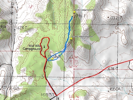 Campground Peaks hiking route (in blue)