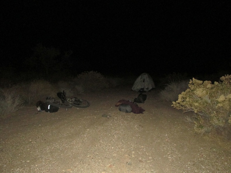 Almost 4 miles down Ivanpah Road, I pull into a wash and set up camp 1/10 mile in, concealed from the road; it's still cold here