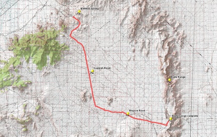 Route: Piute Gorge to Bathtub Spring by bicycle via Mojave Road and Ivanpah Road