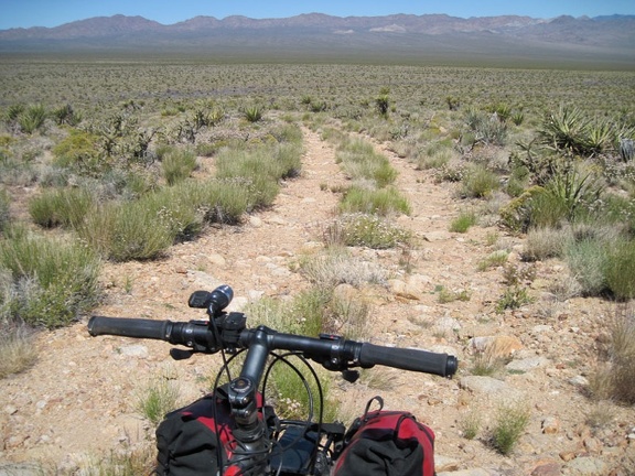 The 10-ton bike packed up, off I go down the hill toward Ivanpah Valley