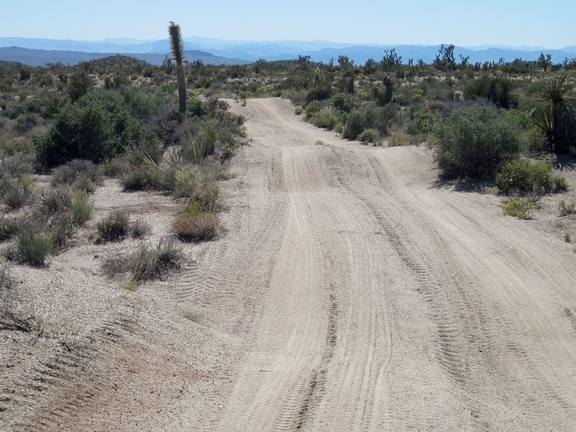 The old Mojave Road continues rolling onward downhill; the loose sand on the road surface makes it feel a bit like skiing
