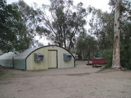 The quonset hut at the Nipton campground houses toilets, sinks and showers; an outdoor hot tub is nearby, to the right