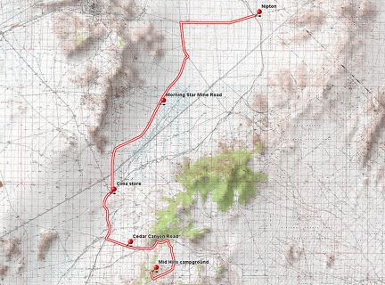 Bicycle route from Mid Hills campground to Nipton via Cima and Morning Star Mine Road