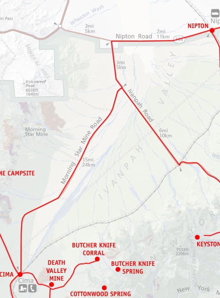 Mojave National Preserve map, Day 8: Butcher Knife Canyon corral to Nipton