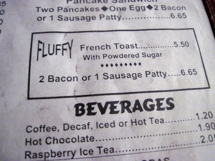 I slept so well last night here at the Ludlow Motel: the breakfast menu in my room invites me over to the café for FLUFFY