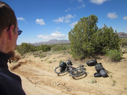 On New York Mountains Road, I notice strange noises coming from the 10-ton bike, so I pull over to see what's wrong