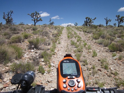 A few short slopes with loose rock on the Sagamore Canyon Cut-Off road force me to get off the bike and walk a bit