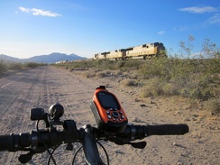 It's always fun when a train passes by while riding these trackside roads in the Mojave Desert