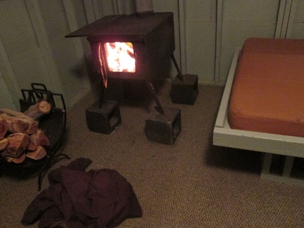 I get a good fire going in the stove in my Nipton tent cabin, but it takes me a while; I'm in bed before midnight