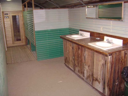 Inside the Nipton bathrooms: I end up not soaking in the outdoor hot tub after all, but I do take a shower in the quonset hut