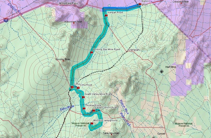 Bicycle route from Mid Hills campground to Nipton via Cima and Morning Star Mine Road (Day 9)