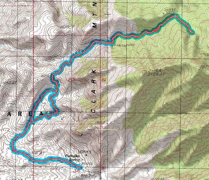 Mojave National Preserve hiking route from Pachalka Spring up a canyon on the north side of the Clark Mountain Range (Day 14)