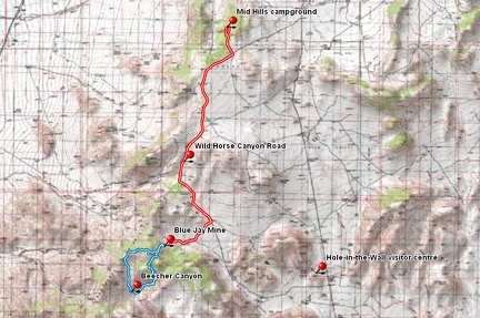 Bicycle route (in red) from Mid Hills campground to Blue Jay Mine via Wild Horse Canyon Road, Mojave National Preserve