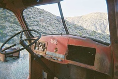 The dashboard inside the old truck at Goldbelt Spring