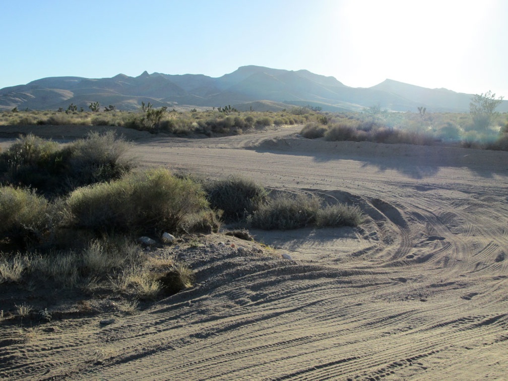 My road ends, and I scoot across Ivanpah Rd to start riding the road into the Hackberry Mountains