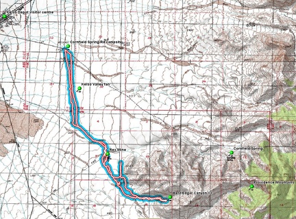 Hiking route to Rex Mine and West Edgar Canyon #3 from Cornfield Spring Road campsite, Mojave National Preserve