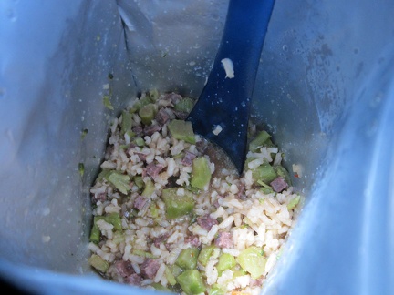 In the bag, Backpacker's Pantry Beef and broccoli Stir-Fry doesn't look like much, but it's good!