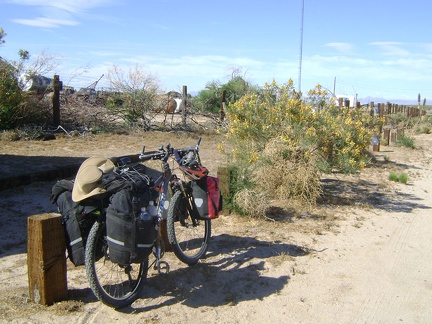 The 10-ton bike takes a short rest by the Cima store before the final six-mile ride up Cima Road to Cima Dome