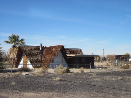 Also in Newberry Springs is this abandoned A-frame building with a roof of wood shingles